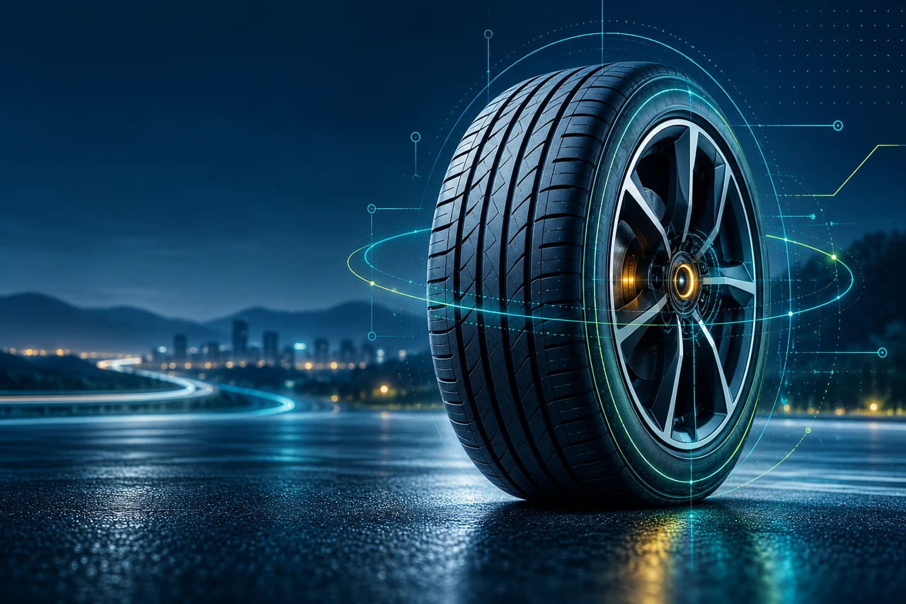 Pneu moderno com desenho de engenharia, sensores e linhas de tecnologia sobre uma estrada